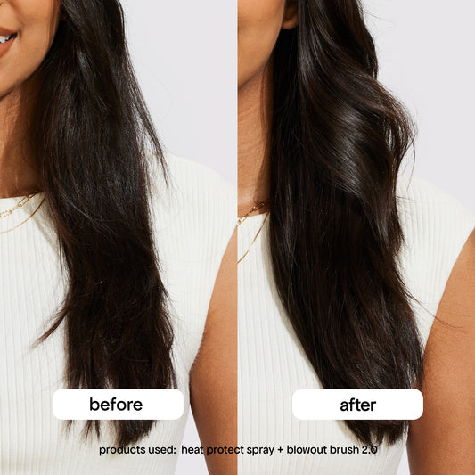 before and after with heat protect spray + blowout brush
