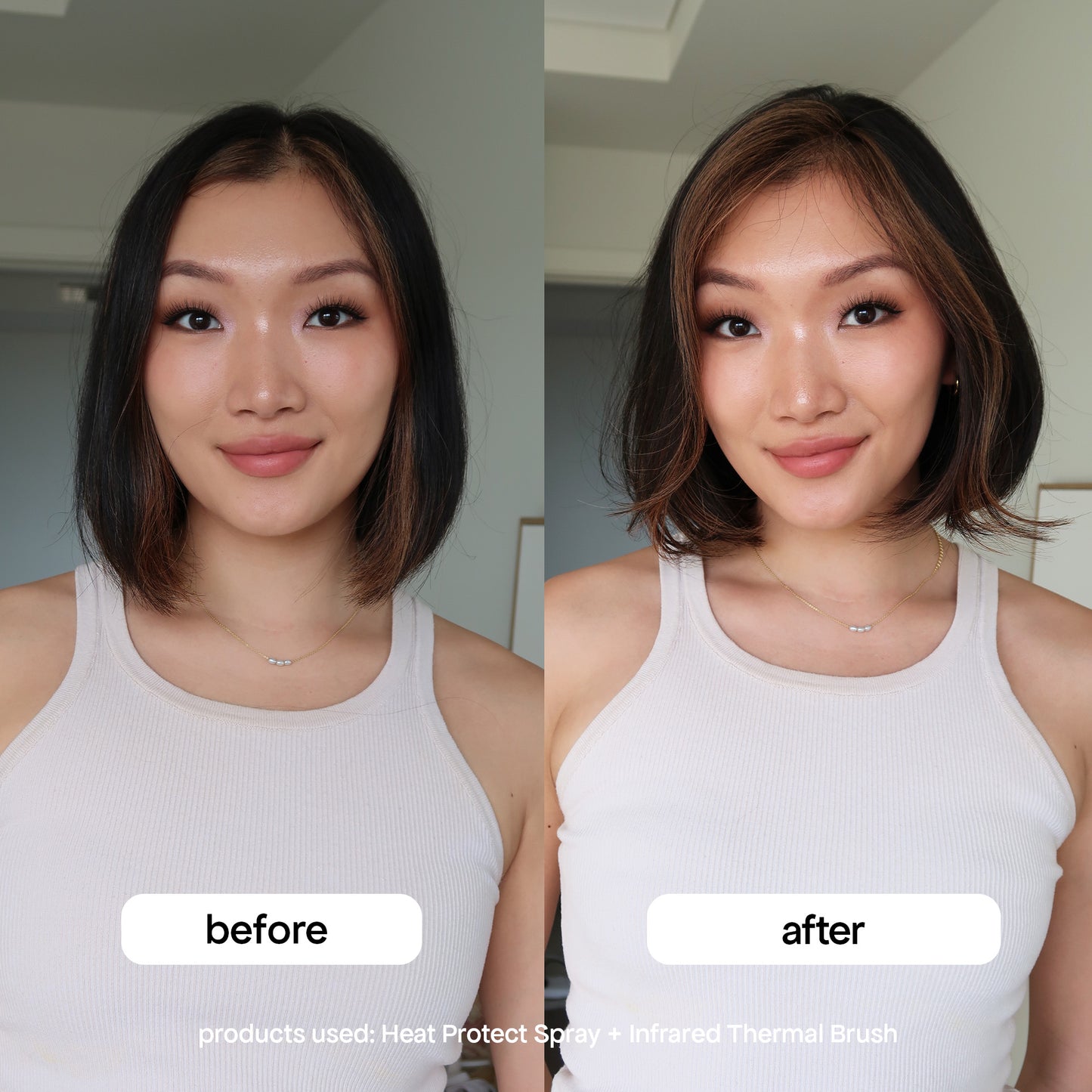 before and after with heat protect spray + infrared brush