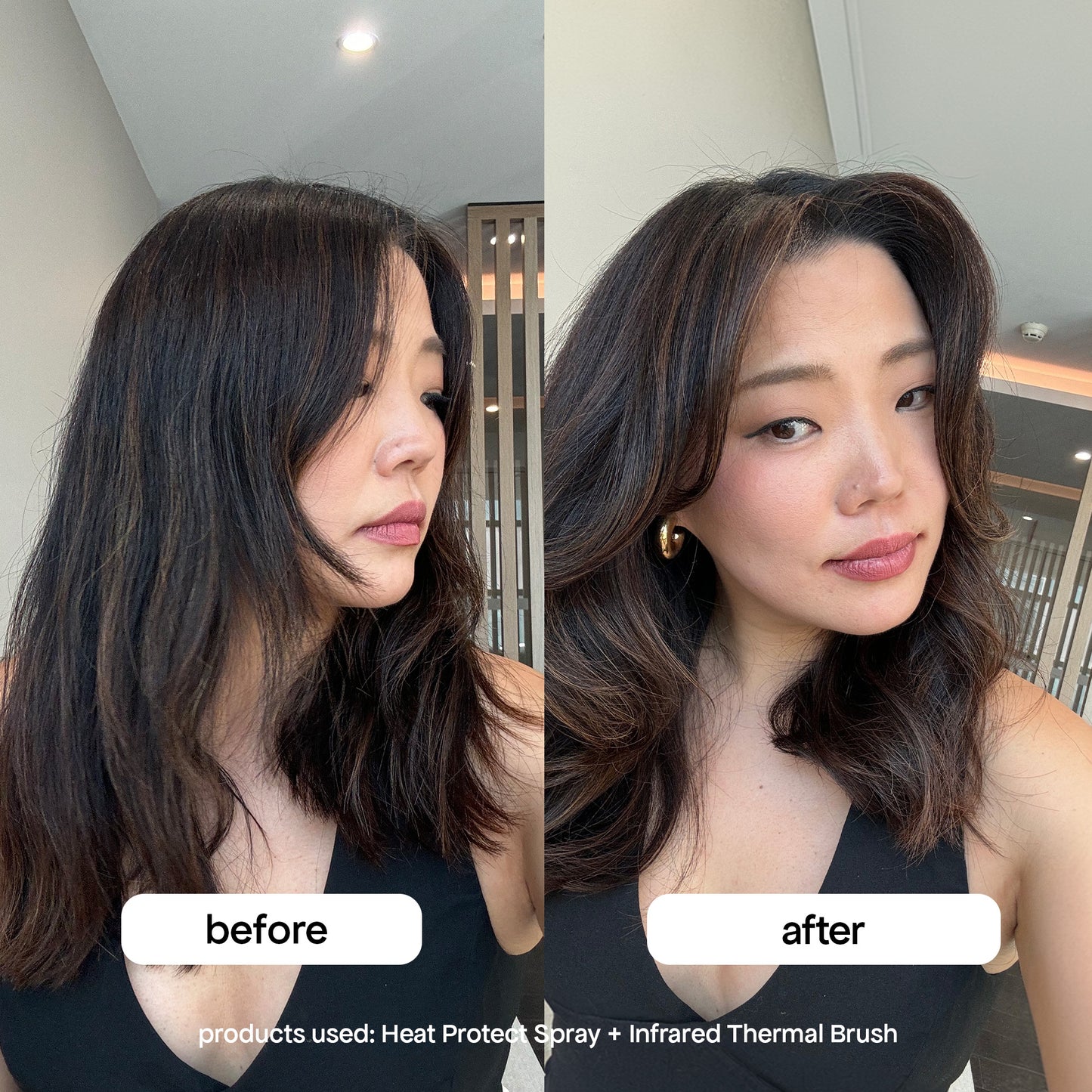 before and after with heat protect spray + infrared brush