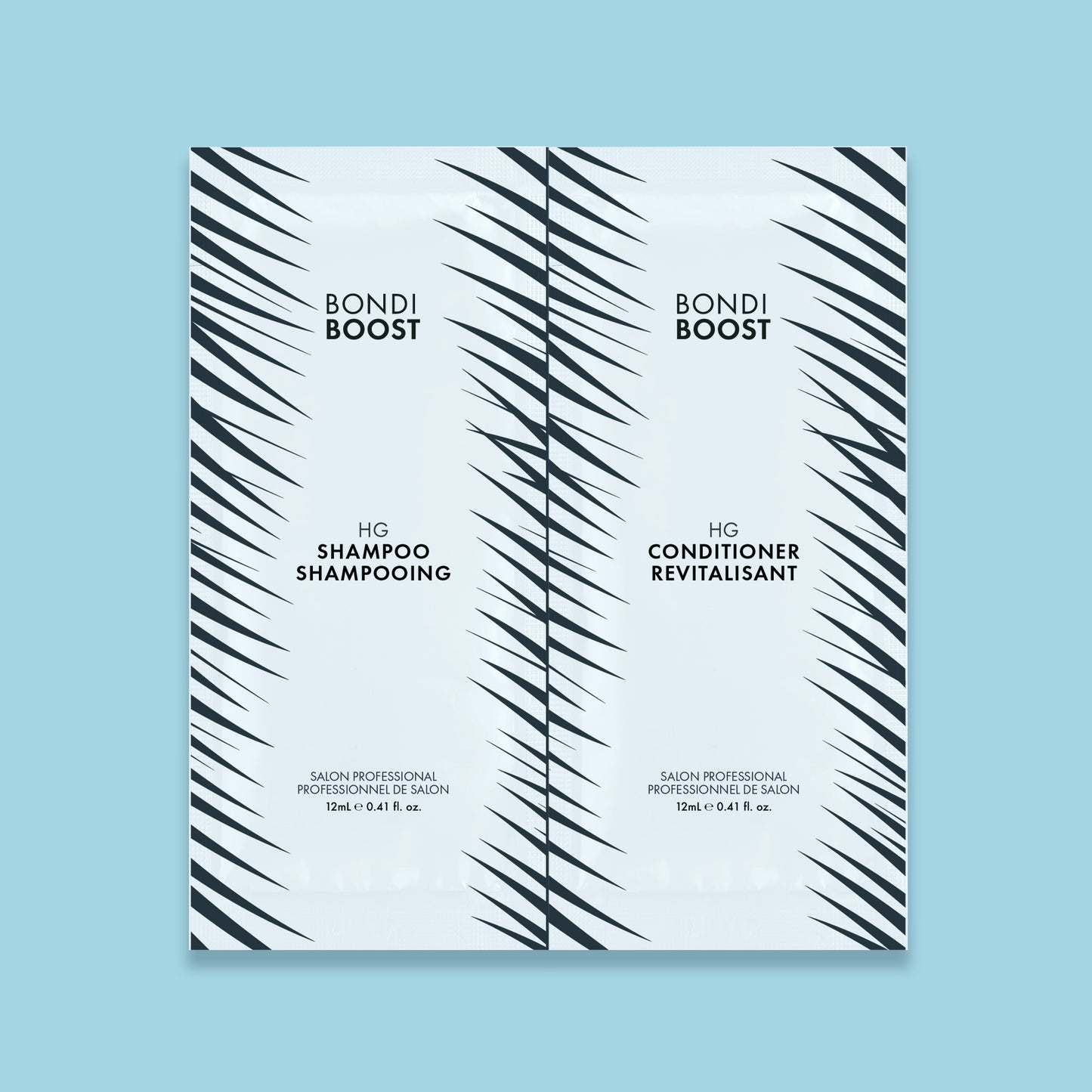 Two Bondi Boost hair care products packaging, one for shampoo and one for conditioner, with a white and blue palm leaf design.
